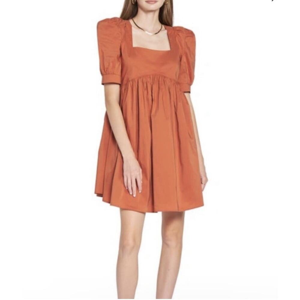 En Saison Rust brown Cotton-Poplin Babydoll Puff sleeve Dress Size S
